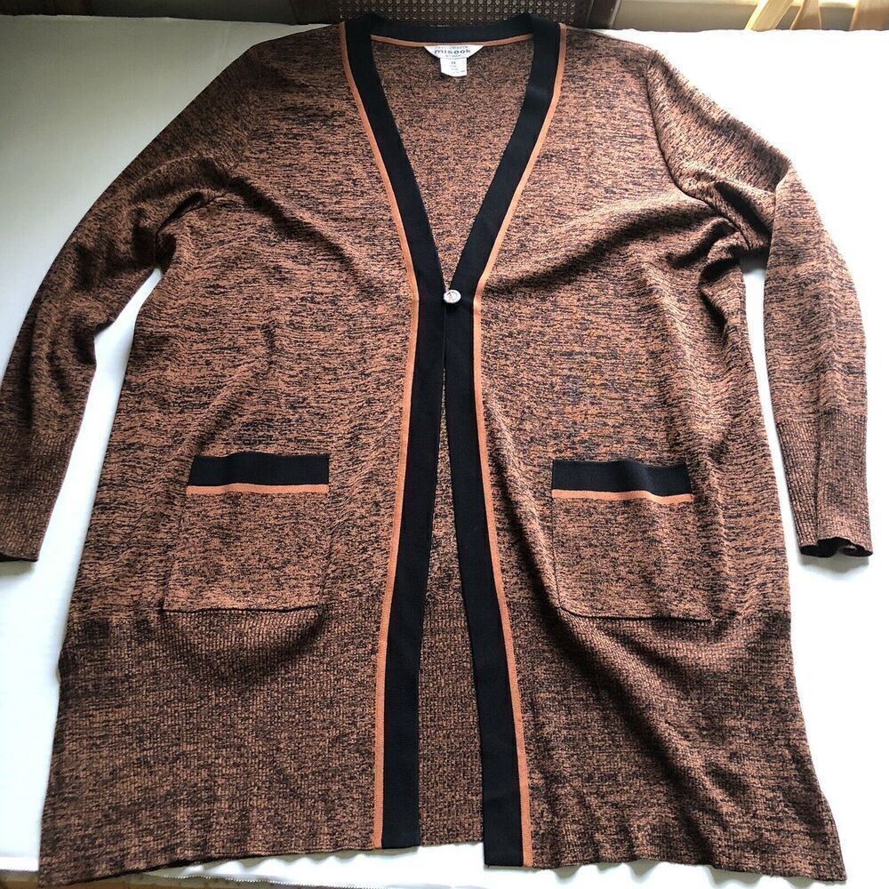 Exclusively Misook Black Brown Orange Pattern One Button Cardigan Size 3X A3052